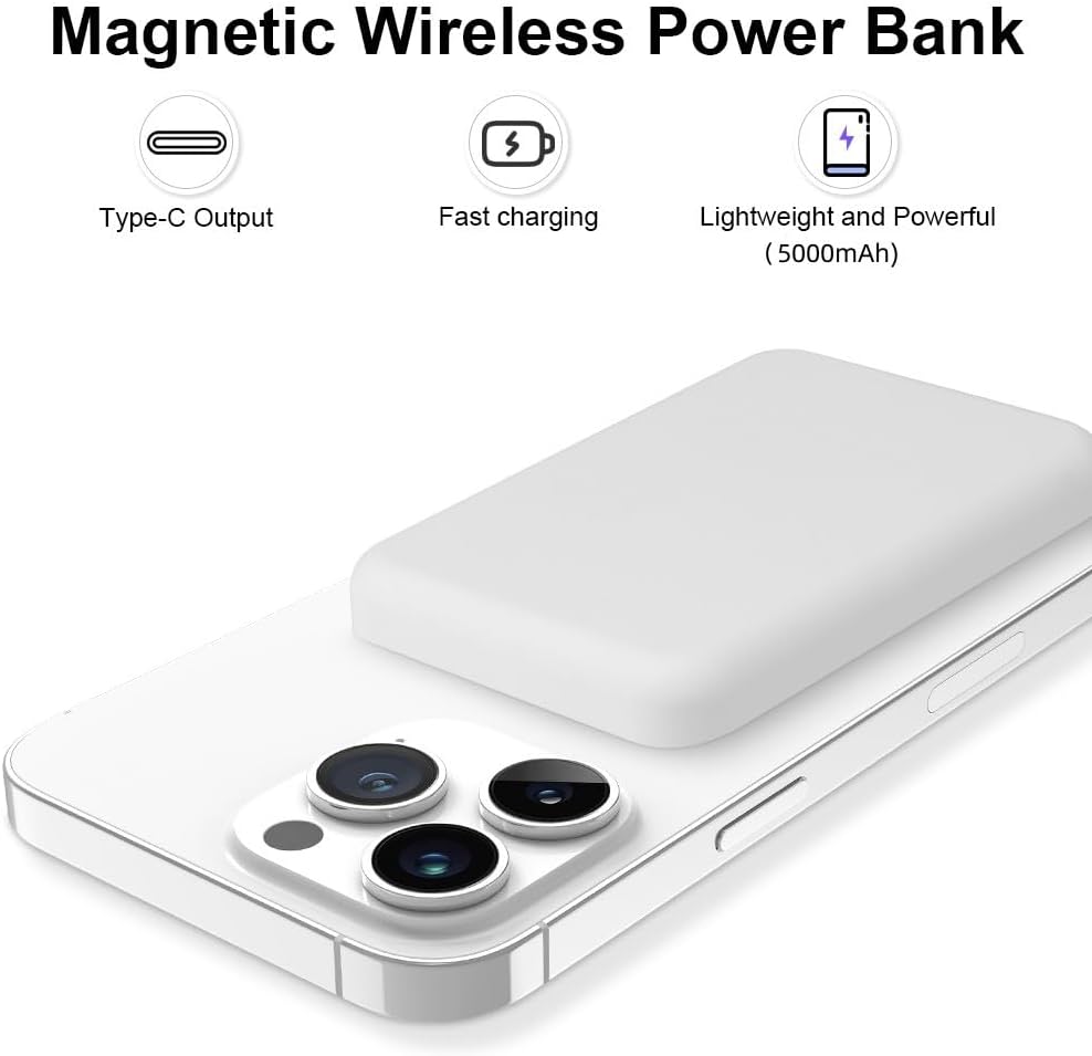 Flintronic 5000 mAh Magnetic Wireless Power Bank, Magnetic Power Bank, Wireless Portable Charger, Fast Charging, Type-C, Compatible with iPhone 15/14/13/12/Pro/Pro Max